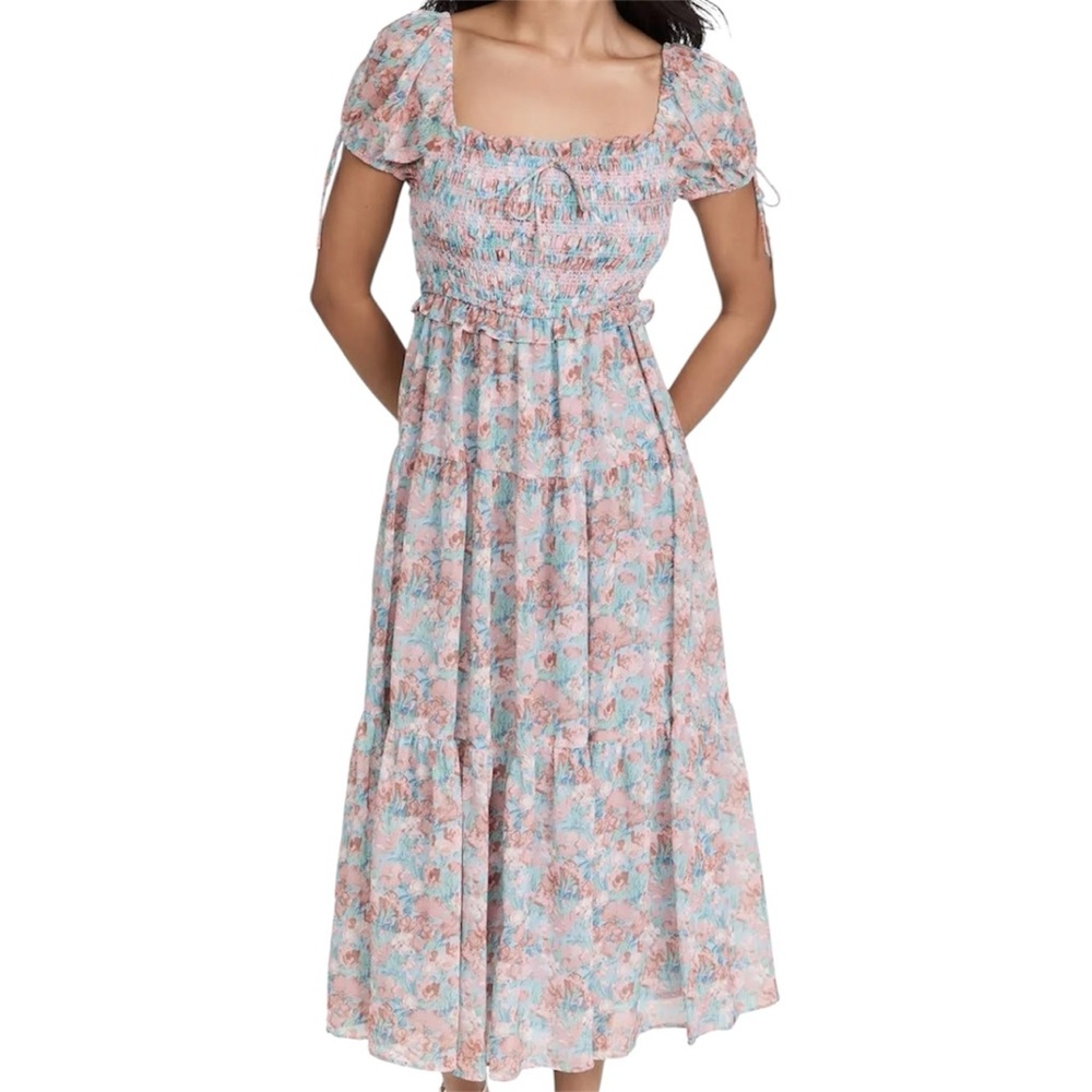 En Saison Adelina Floral Chiffon Smocked Midi Dress Light Pink Blue Green Large